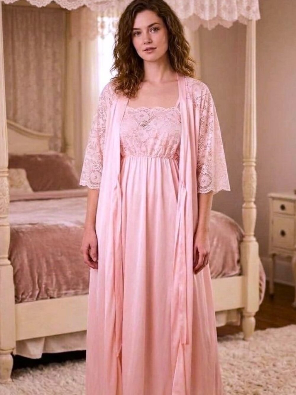 Rare Vintage Sz L Vintage Janice Young pour Vanessa Maxi Pink Satin & Lace Nylon
